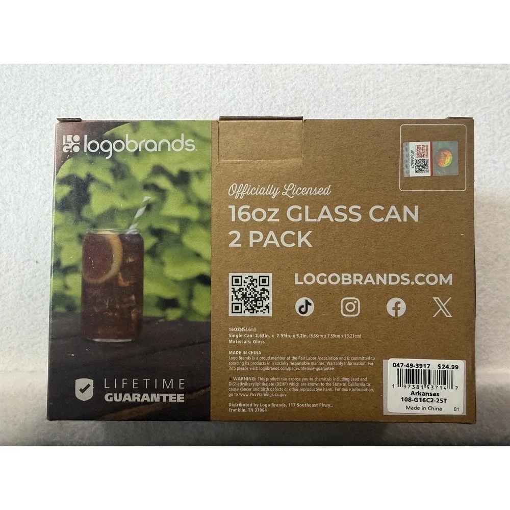 Arkansas Razorbacks 16oz Clear Glass Can Beer Glasses 2-Pack Gift Set